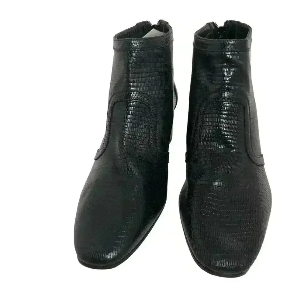 Doucal's Vintage Crocodile Print Leather Luxury Designer Black Booties Pointed